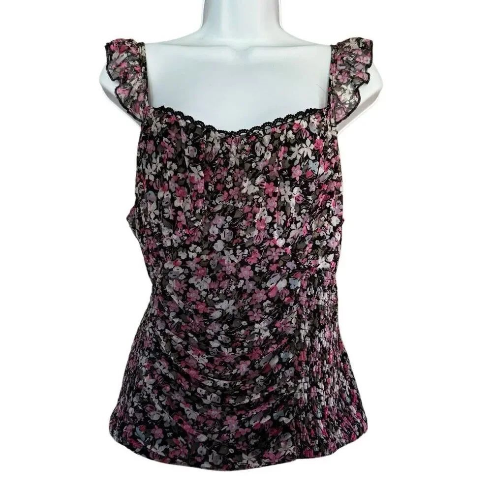 Willow Stretchy Black Purple Flowers Ruched Tank Top 1X